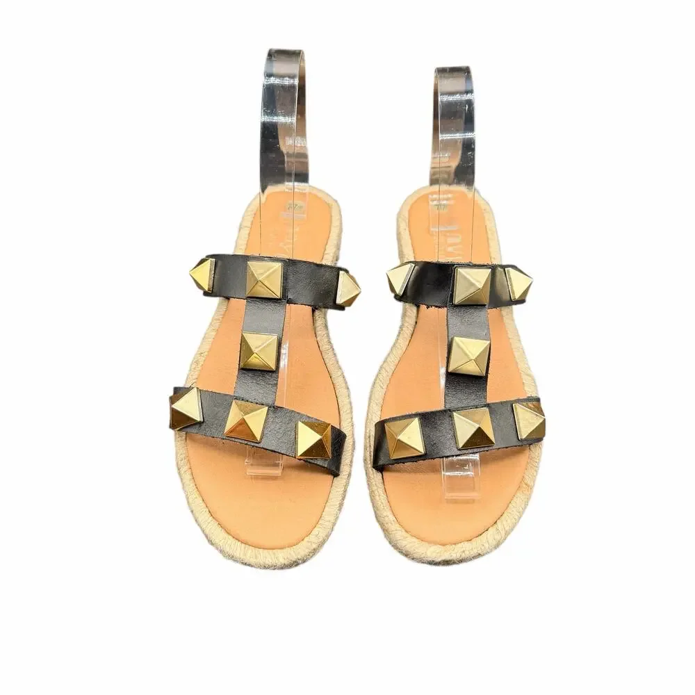 Maypol Studded Leather Espadrille Sandals Black Gold EU 38 US 7.5